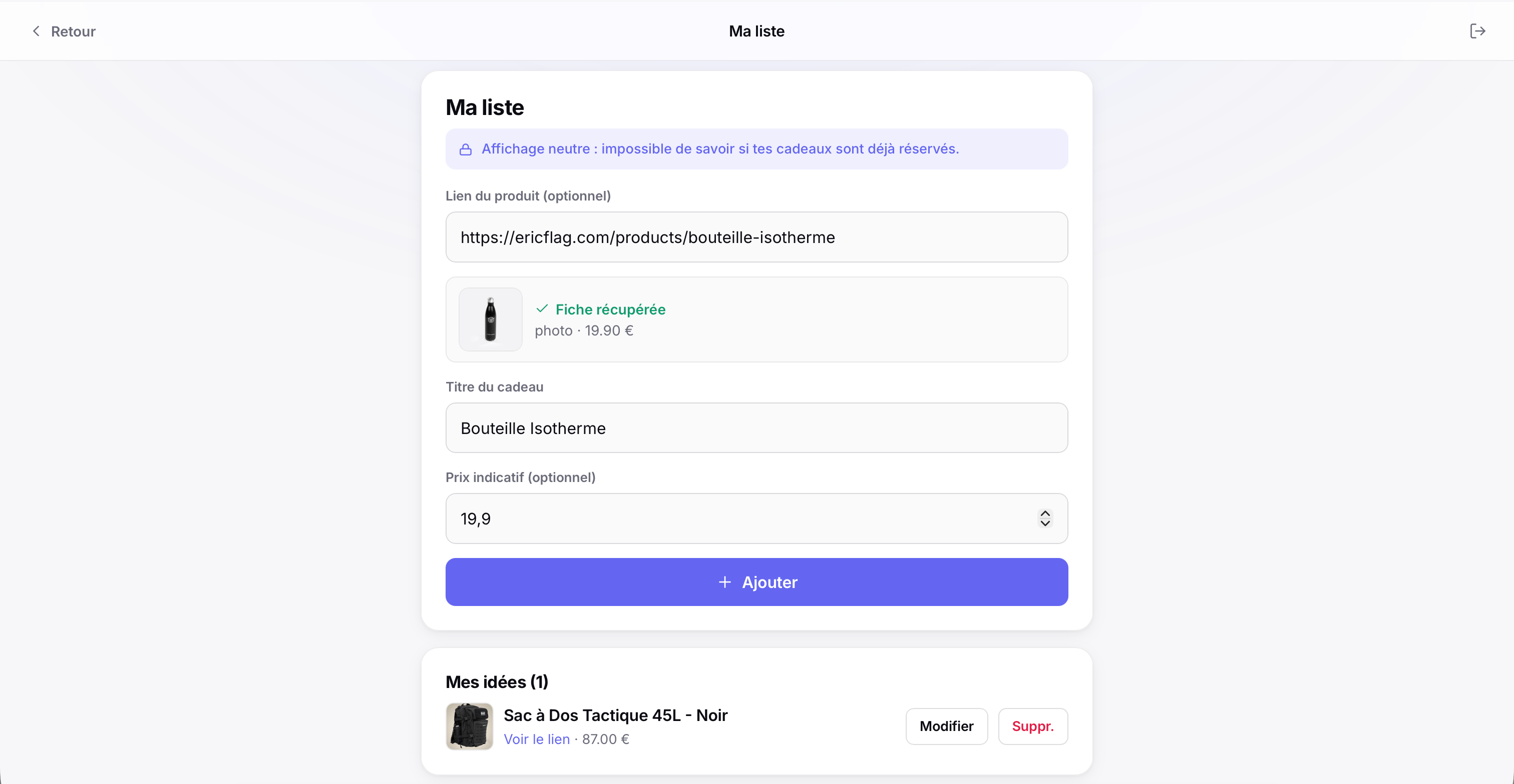 Aperçu de l'application WantThis : liste de cadeaux avec import automatique du produit et affichage neutre des réservations